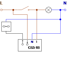 Symbol: hausinstallationen - Ein- und Ausschaltung eines Ventilators mit einer Zeitverzögerung mit CS3-1B
