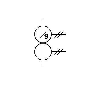 Simbolo: transformador de corriente - transf. de imp. o de corriente con 2 arr. sec. sobre el mismo núcleo y 9 cond. prim. pasantes - forma 1